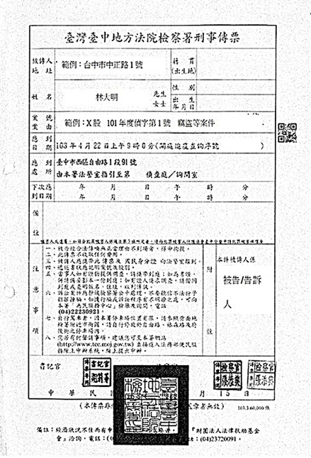 地檢署傳票